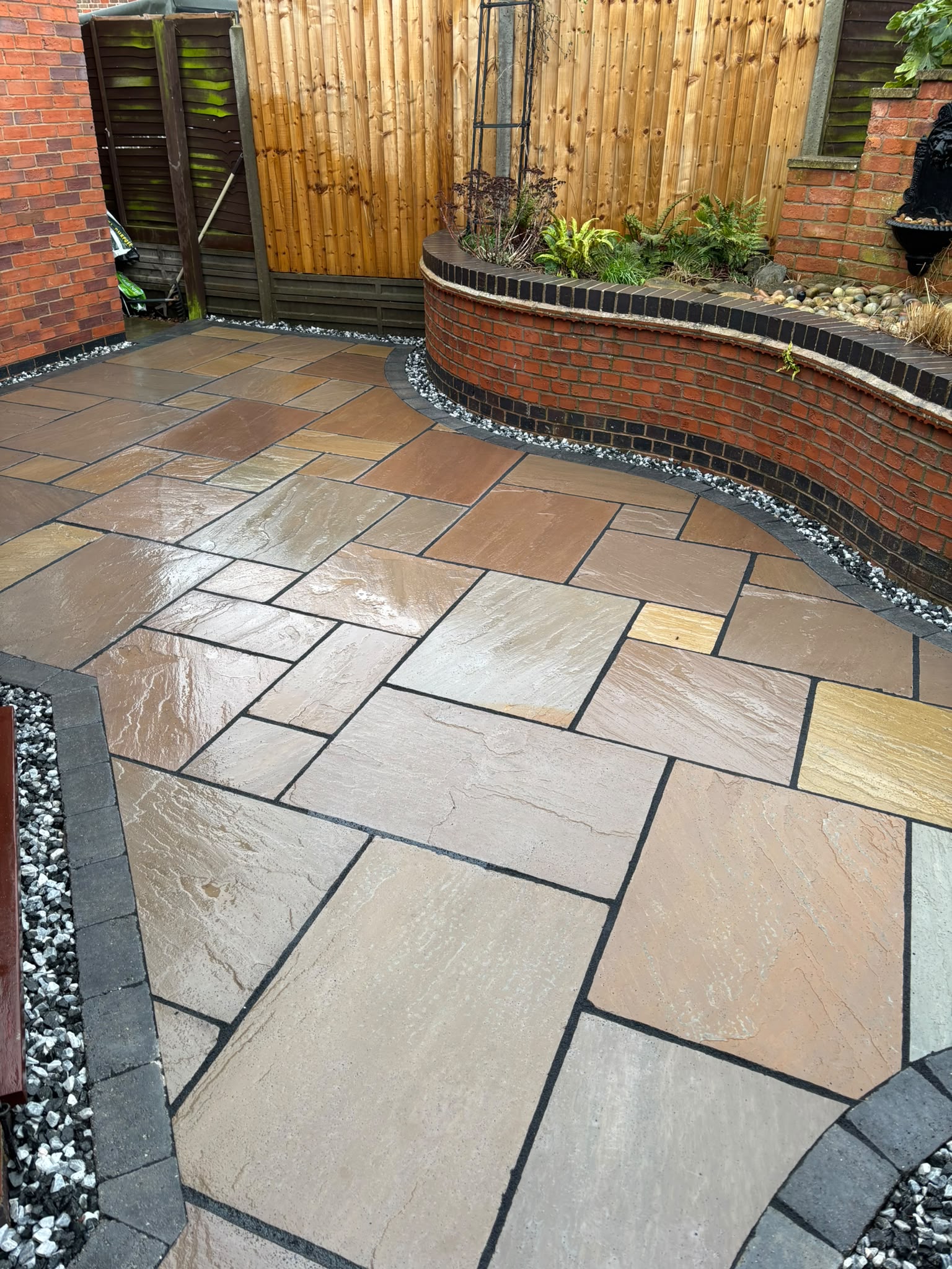 Newly installed paving in a residential garden