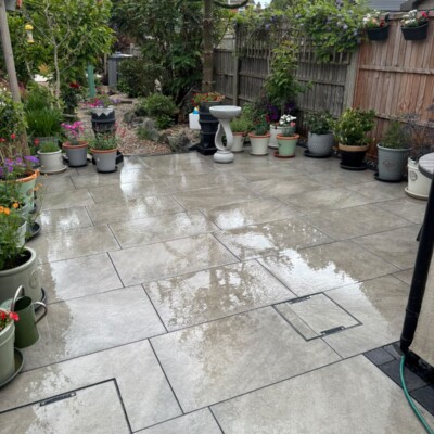 New paving slabs installed in a rear garden